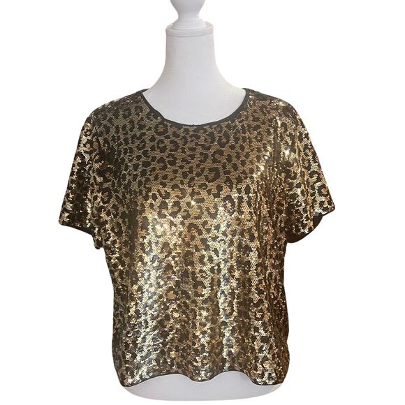 Michael Kors | Sequin Top | Boxy, Cropped Fit | Gold, Black | Leopard Print | XL - Picture 1 of 9